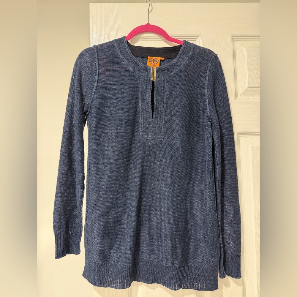 Tory Burch women’s linen knit navy blue long sleeve tunic top size small
